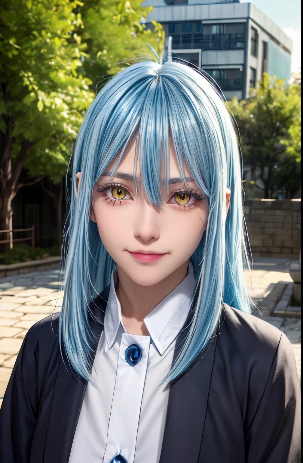 Tensura, shirt, Yellow Eyes, Blue Hair, smile, Long Hair, 1Other, Hair between the eyes, View your viewers, bangs, alone, Fur trim, Mouth closed, Androgynous, Outdoor, Colored eyelashes, Shiny Hair, ((masterpiece))  