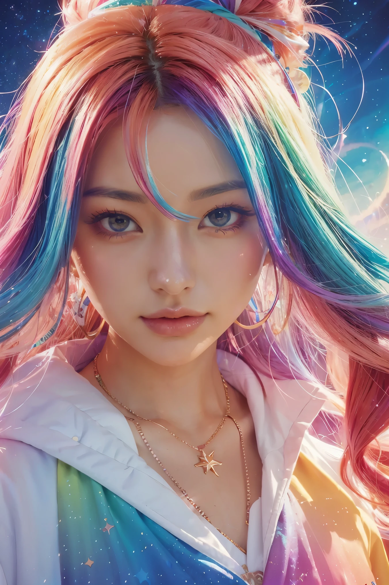 Close-up of a woman with colorida hair and necklace, garota de anime com cabelo cósmico, A vibração suave de Rossdraws, Arte em estilo Gouviz, Estilo de arte de fantasia, colorida], estilo de fantasia vibrante, Desenho animado Rossdraws cheio de energia, cosmic and colorida, Guweiz, colorida digital fantasy art, estilo de arte impressionante, lindo estilo de anime, Pele branca, casaco de noite,