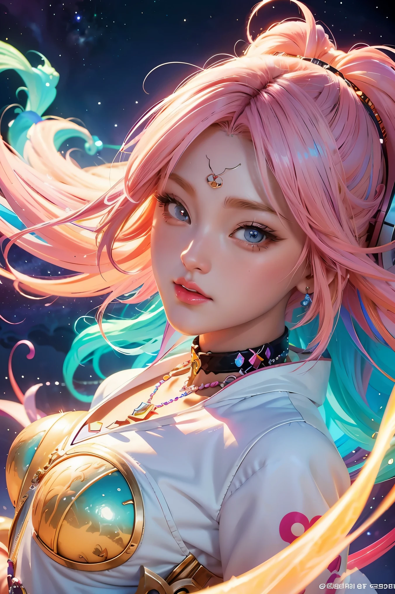 Close-up of a woman with Coloré hair and necklace, fille animée aux cheveux cosmiques, Le doux dynamisme de Rossdraws, Oeuvre de style Gouviz, style artistique fantastique, Coloré], style fantastique et vibrant, Ross dessine un dessin animé plein d&#39;énergie, cosmic and Coloré, guweiz, Coloré digital fantasy art, style artistique époustouflant, beau style animé, peau blanche, manteau de nuit,