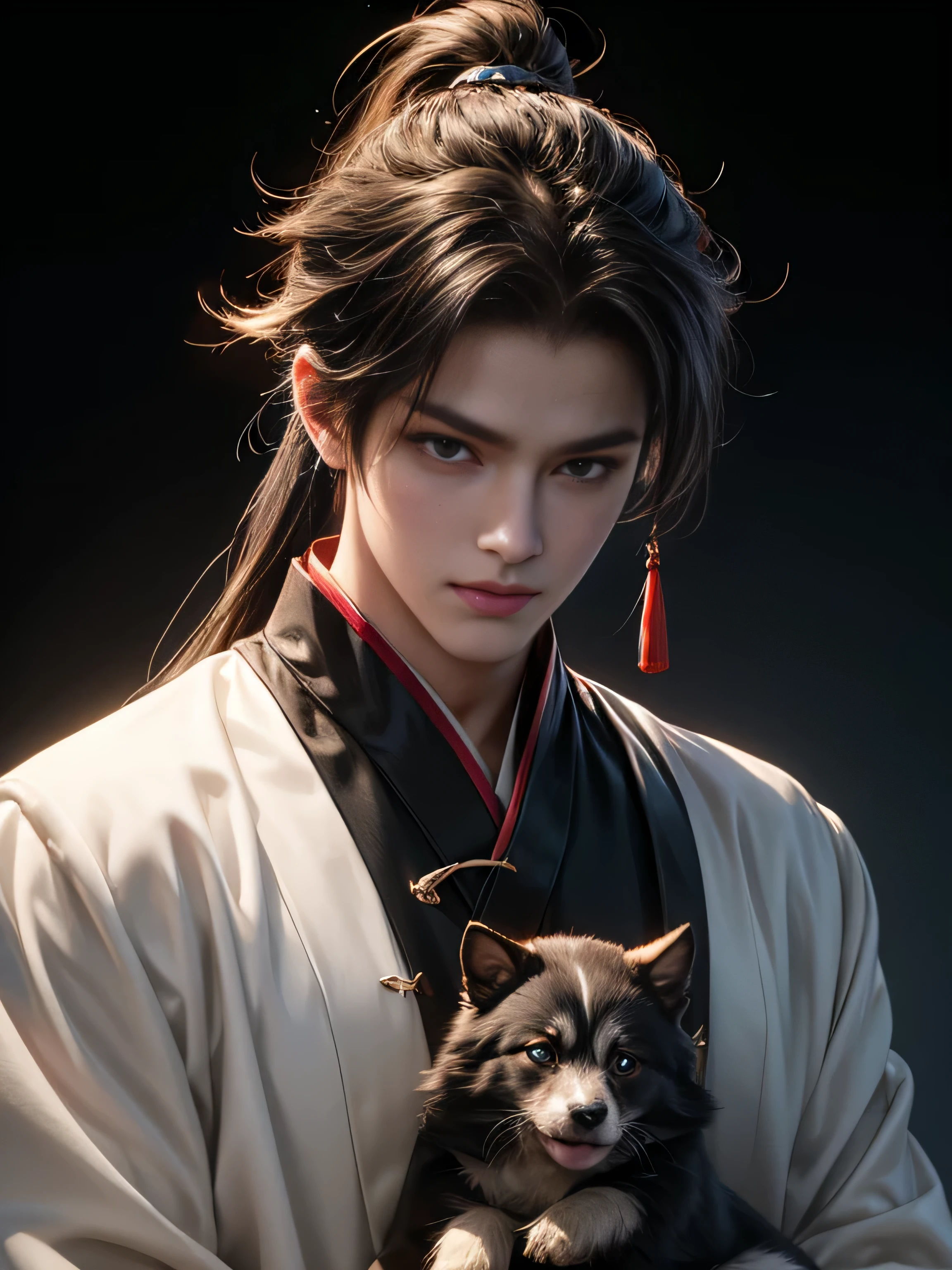 (Best Quality, 8K, Masterpiece, HDR, Soft Lighting, Picture Perfect, Realistic, Vivid), 1 Boy, man in blue robe) holding small dog, Perfect male body, Eyes looking at camera (with long black hair, long bangs, Forehead, Smile, seductive, intense, anime style character portrait inspired by Li Mei-shu, society trends cg, furry art, zhongli from genshin impact, tsai xukun, full body xianxia, keqing from genshin impact, Sha Xi , Heis Jinyao, cgstation trends, xianxia fantasy) color difference, Depth of field, dramatic shadow, Ray tracing, Best quality, Highly detailed CG, 8K wallpaper, male model, [Carefully rendered hair [Read more about beautiful and shiny hair]] ,(Perfect hand detail [Beautiful fingers without breakage [Beautiful nails]]),(Perfect anatomy (Perfect proportions)) [[Resembles the whole body]],[Perfect color coordination (Accurate simulation of the interaction of light and material)], [Visual art , conveying a sense of storytelling].