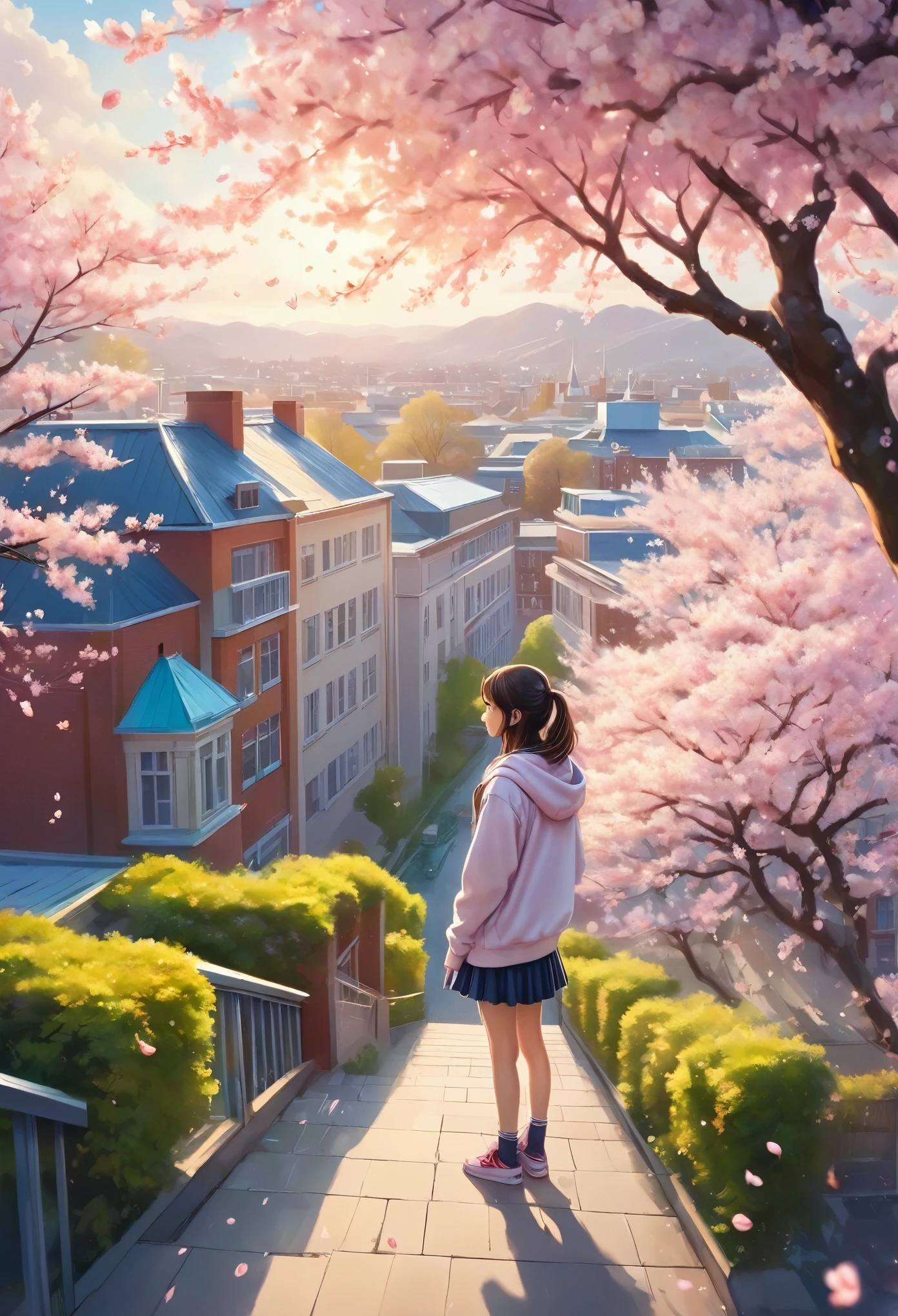 High school girl standing on the roof,Looking down on the schoolyard from the roof of a high school building,A male high school student wearing a hoodie standing on the roof,Cherry blossoms blooming in the schoolyard,blurred background,A sentimental and fantasy scene befitting a graduation.,spring,Cherry tree in full bloom,Scattering cherry blossom petals,today、My favorite senior is graduating,farewell,sadness,dream-like,Fantasy,Intricate details,Color illustrations,Zentangle Elements,rendering,colorful,Cast a colorful spell,Wide range of colors,Intricate details,rendering,,masterpiece,best masterpiece,highest quality,Beautiful light and shadow,