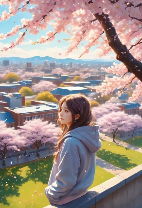 high school girl standing on the roof,looking down on the schoolyard from the roof of a high school building,a male high school ...