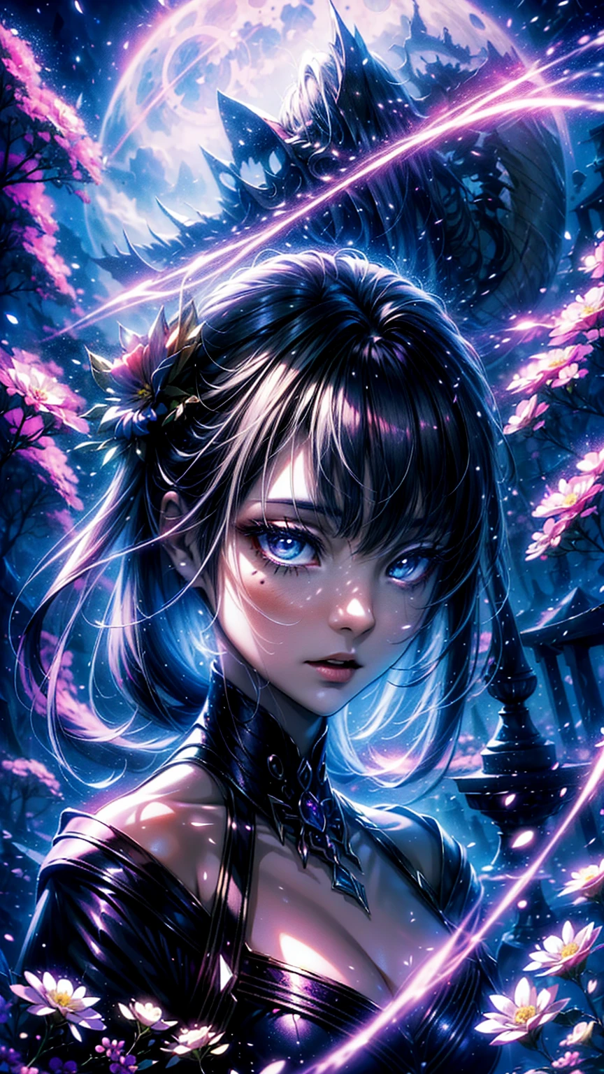 "((fantasy art)) featuring an alien girl, immersed in a heavenly symphony, clouds turn into bright splashes, flowers are scattered, like notes in the wind, visual orchestration of color and wonder" night , full moon