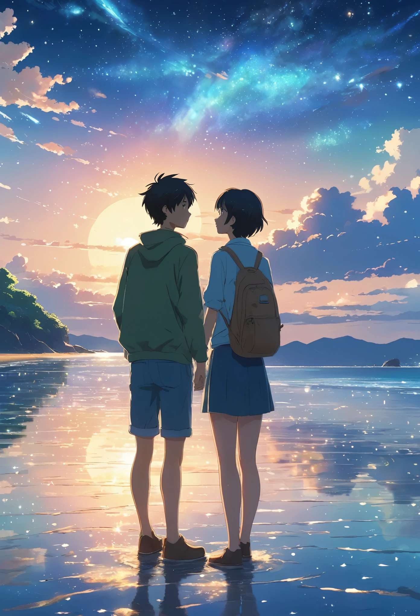 Bande dessinée，scission de dessin animé，exceptionnel，Scénario，chef-d&#39;œuvre, Étudiant d&#39;anime debout au bord de la mer, ciel étoilé brillant. couple romantique, Photo de Makoto Shinkai, Pissif, art conceptuel, art lofi style, réflexion. par Makoto Shinkai, art lofi, belles scènes d&#39;anime, paysage animé, Paysage détaillé — largeur 672, dans le style de Makoto Shinkai, Le style de Makoto Shinkai, Détails améliorés.