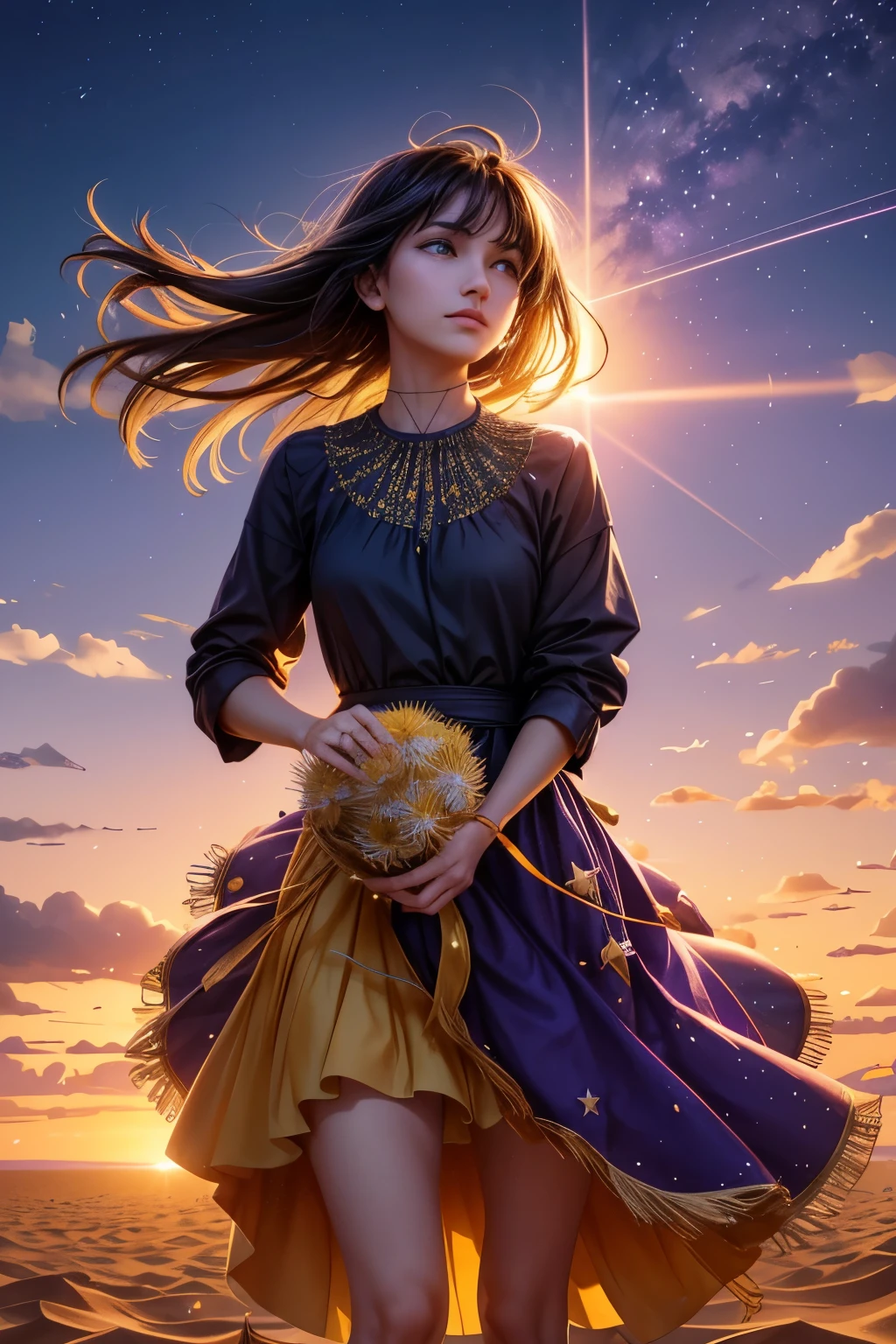 riding on a star encrusted dandelion husk floating over a violet and orange-yellow sky lofted on the winds of a changing world lost in the sands of time.