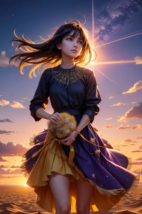 riding on a star encrusted dandelion husk floating over a violet and orange-yellow sky lofted on the winds of a changing world l...