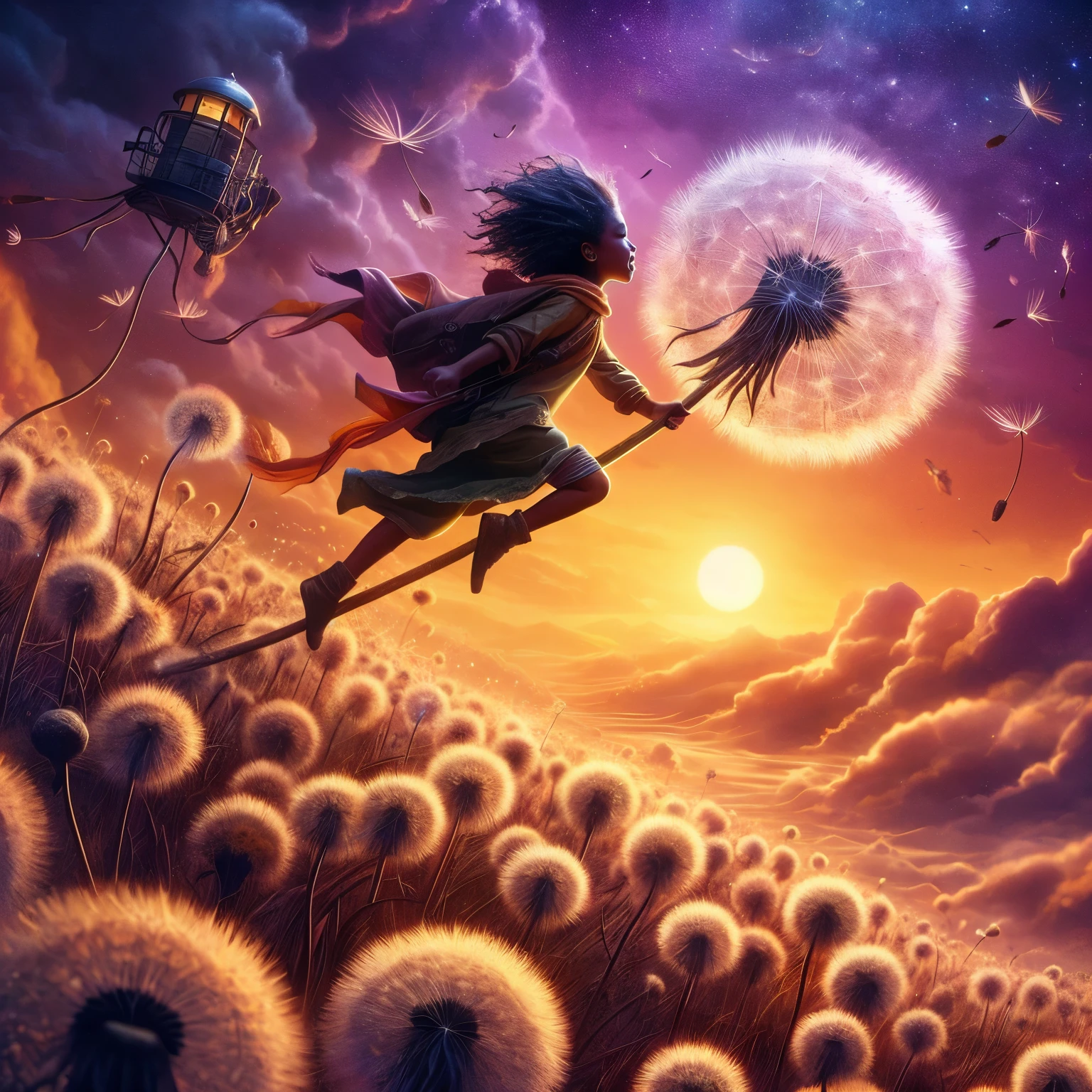 riding on a star encrusted dandelion husk floating over a violet and orange-yellow sky lofted on the winds of a changing world lost in the sands of time, photorealistic,  adventurer holding on to dandelion fluff and flying.