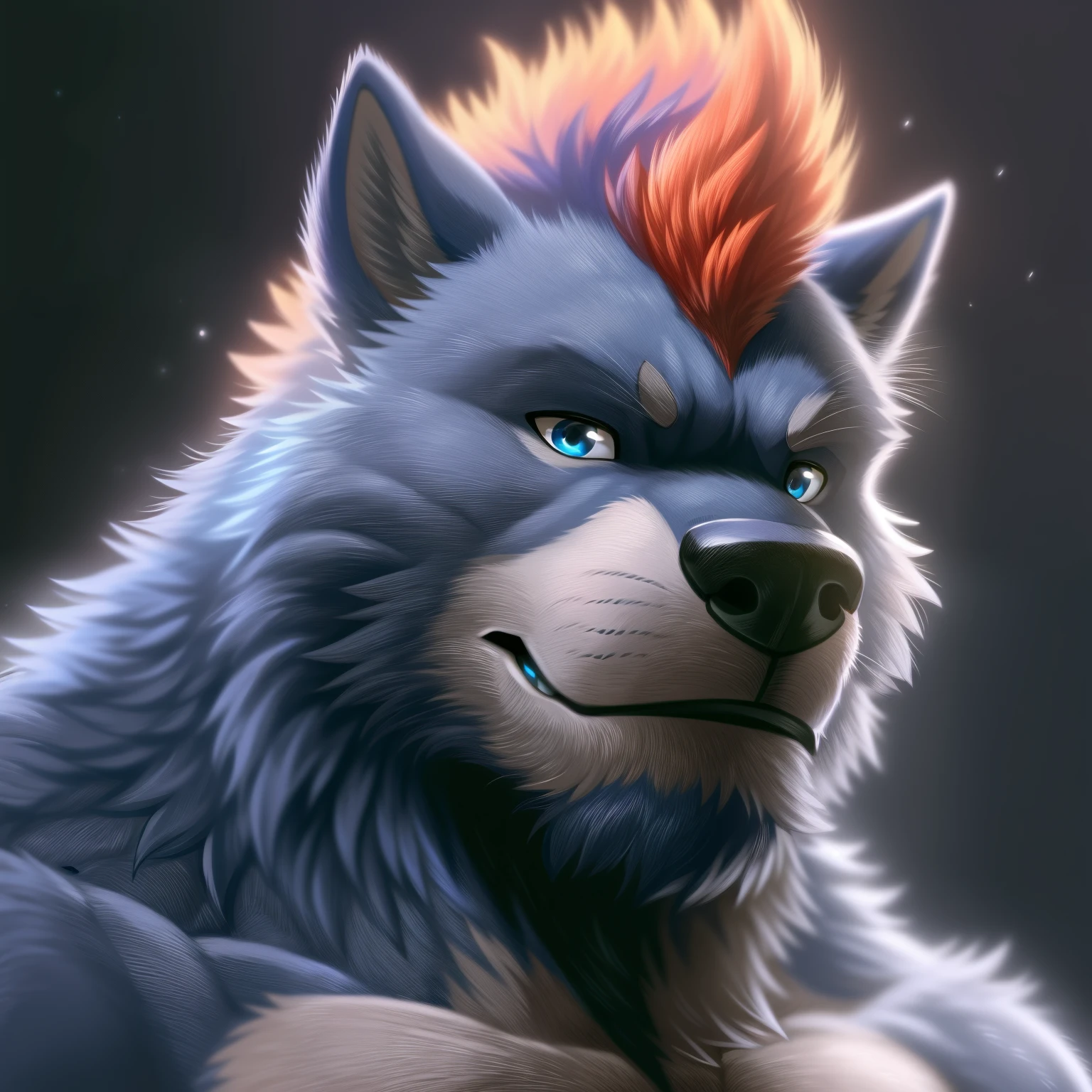 (Flasheart Lupin 100% wolf:1.0), Author: Takemoto Arashi, (1 boy), Flesheart Lupin, One, solo, Werewolf, male, massive body, muscular body, dark blue fur,  Red fur tips, Men's Second, (Torso), hot body, muscle, Beautiful, sexual, Attractive guy, (Detailed blue eyes), Browster, a high resolution, Best quality), 4k, nipples, male, portrait, gay, Werewolf, 