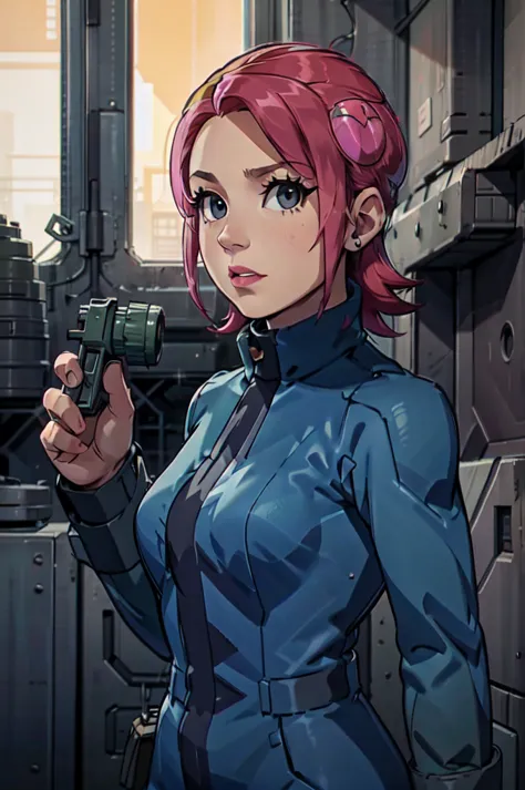 Mayl Sakurai reimagined as a vault dweller, doing maintenance in an underground vault. Her vibrant pink hair stands out against ...