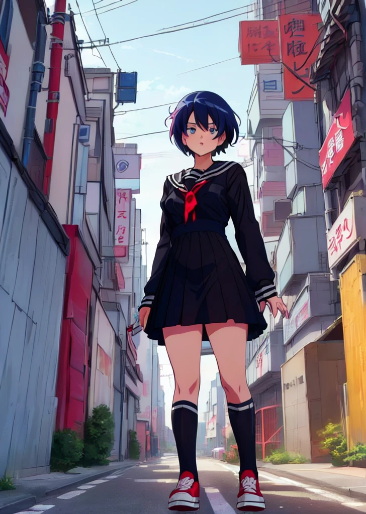 (perfect composition),anime character Sukeban delinquent girl  standing on a city street corner in black seifuku with black very long skirt, anime style. 8k, anime style mixed with fujifilm, retro anime girl, anime styled digital art, in tokyo, anime style illustration, anime style 4 k, anime style artwork, anime poster film still portrait, tokyo anime scene, modern anime style, anime style digital art, short hair, 26year old, red converse,