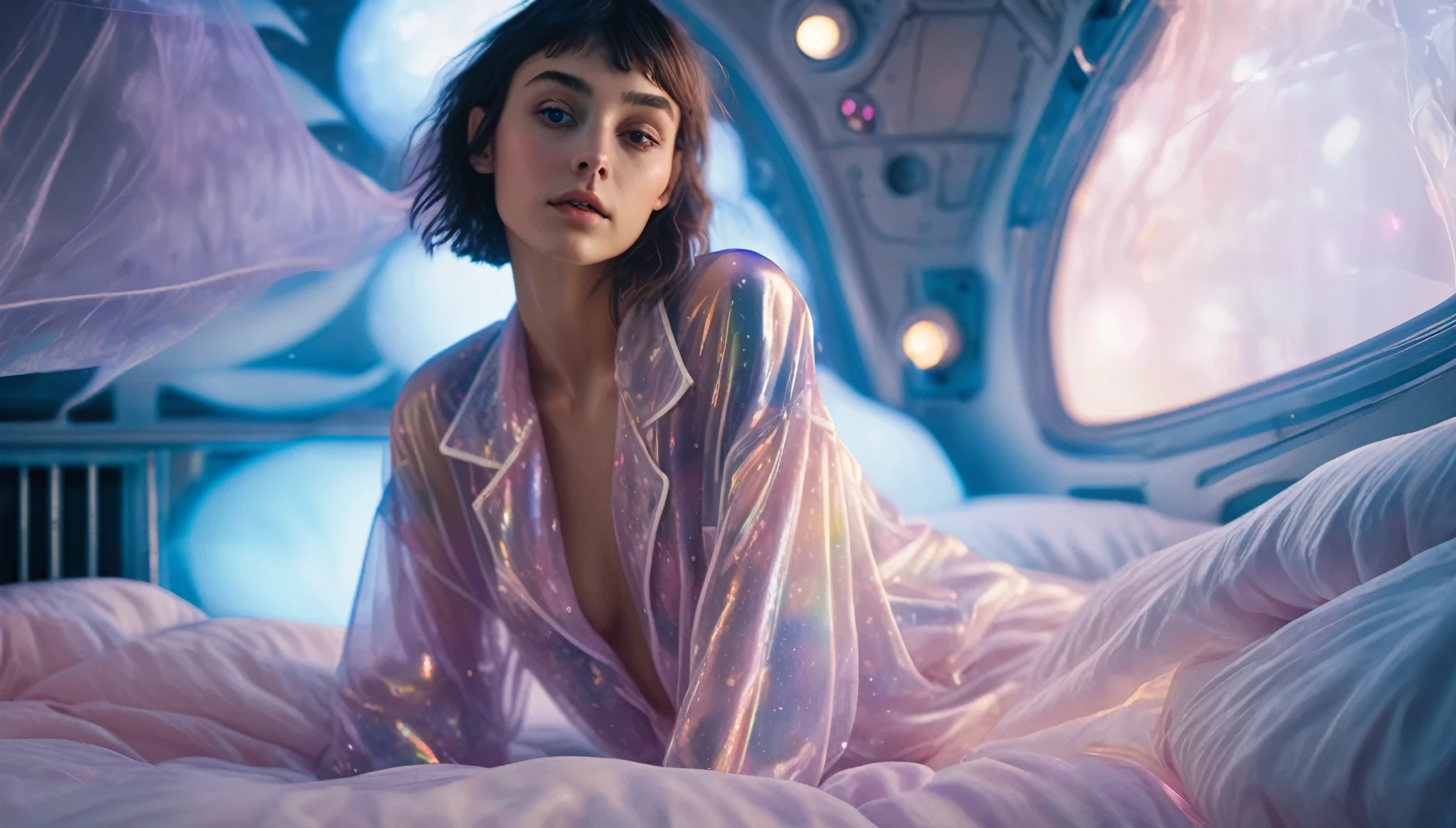 Top Quality, Masterpiece, High Resolution, 8k, (photorealistic:1.4), full body,  (oversized see-through pajama.:1.1), spaceship, bed with puffer bedlinen, dim light, beautiful woman, skinny, small breasts, pixie asymmetrical hair, detailed face, shy expression, facing the camera, photo taken from a distance, age of 20 years old, pastel colors