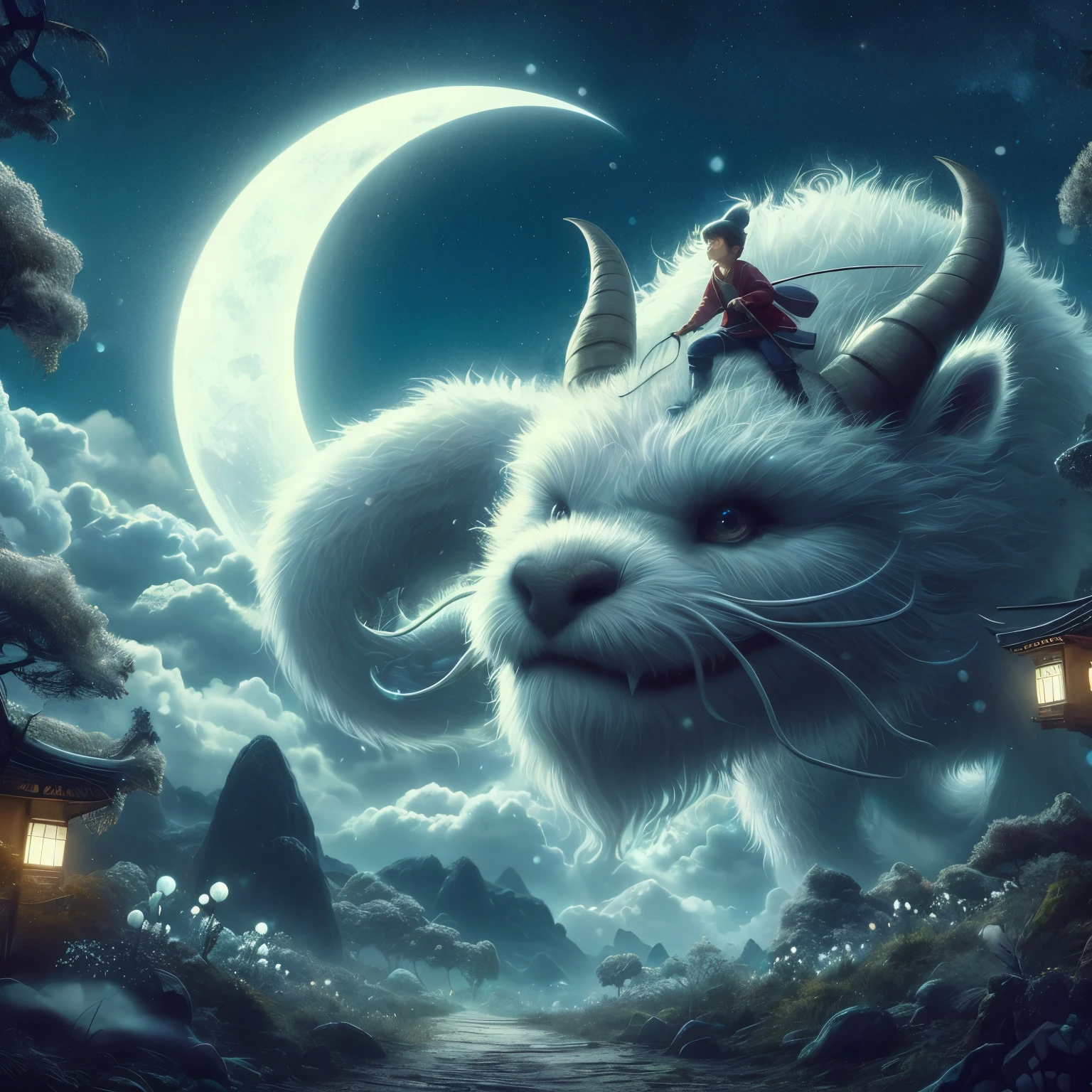 Young boy adventurer riding a gigantic fluffy Goodluck Dragon at night under a crescent moon, fantasy, digital art, the never ending story