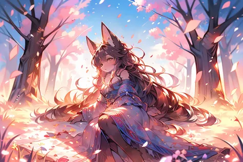  Fantasy psychedelic anime, Cherry blossom petals surround her, flowing sakura-colored silk,  Anime beautiful peaceful scene, Be...