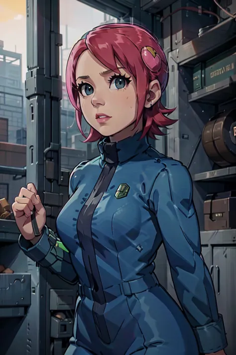 Mayl Sakurai reimagined as a vault dweller, doing maintenance in an underground vault. Her vibrant pink hair stands out against ...