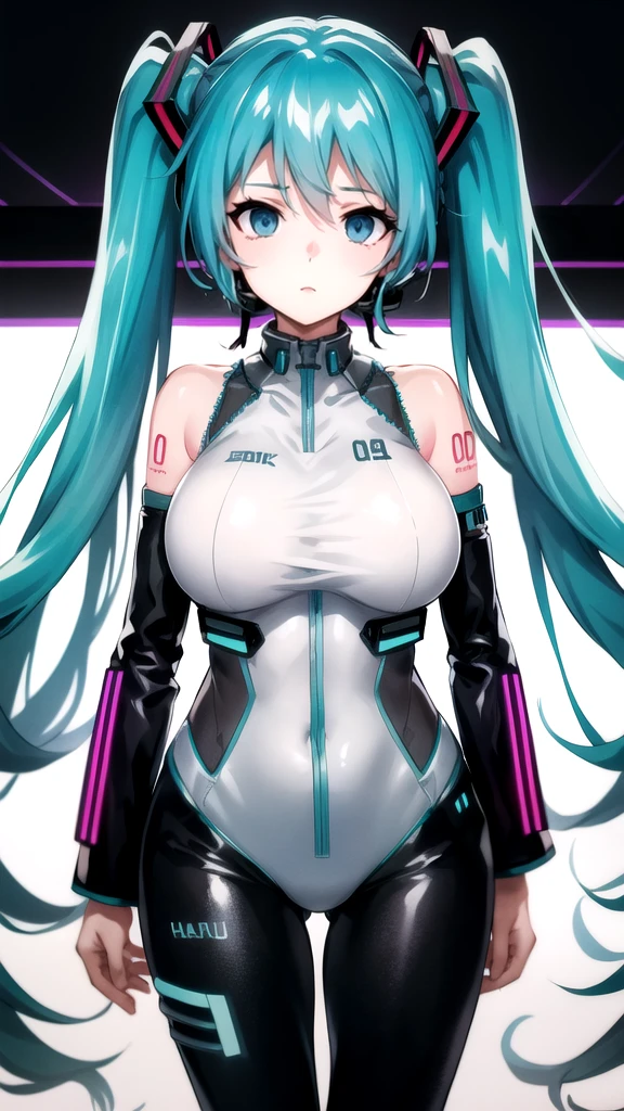Hatsune Miku Vocaloid, Twin Tails, Light Blue Eyes, Light Blue Hair, Pichi Pichi Bodysuit, Cyber punk, Ultimate Physical Beauty, Beautiful Eyes, embarrassed look , ((Big Breasts)), 8K CG, Top Quality, Best Image Quality, 