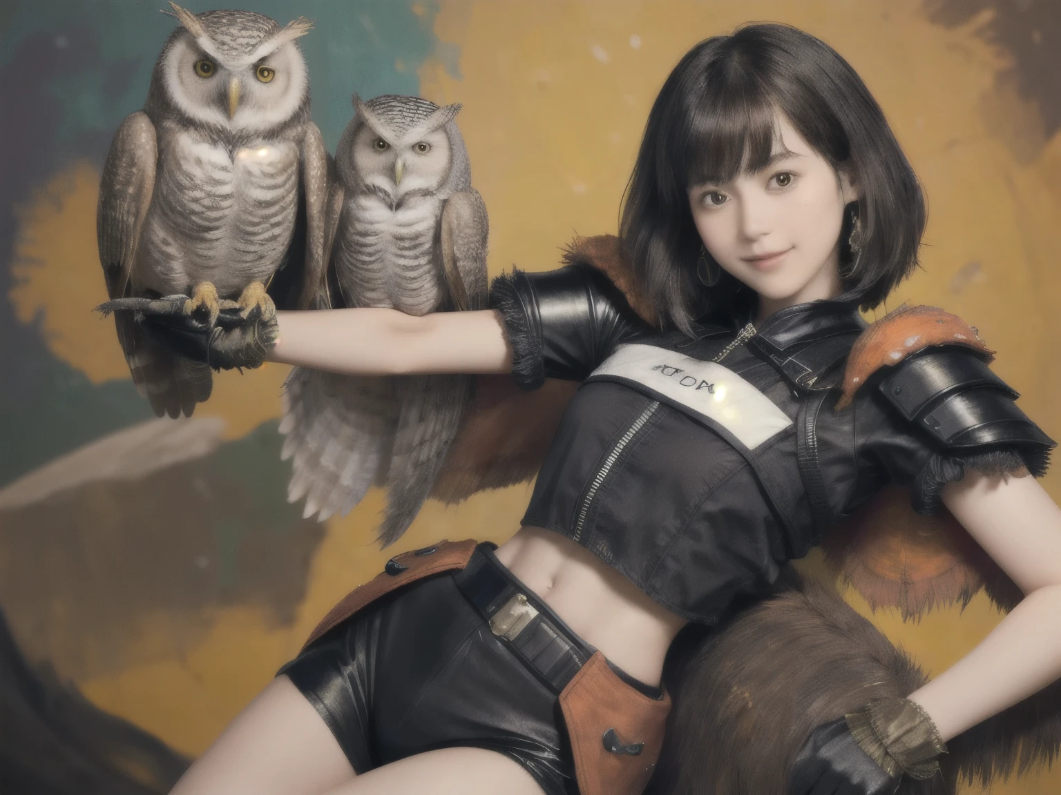 224 Short Hair, 20-year-old woman, A kind smile, (There are also colorful owls), (Rembrandt-style painting), ((machinery suit,Clothes with short sleeves)),I can see your abs