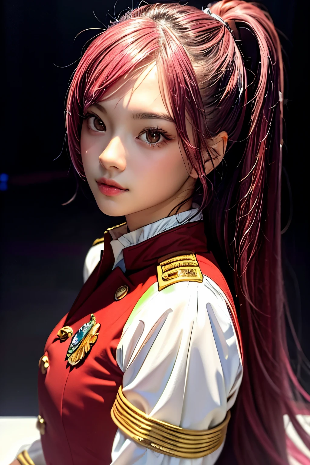 (masterpiece), best quality, perfect face, 1girl,  red uniform, pink hair