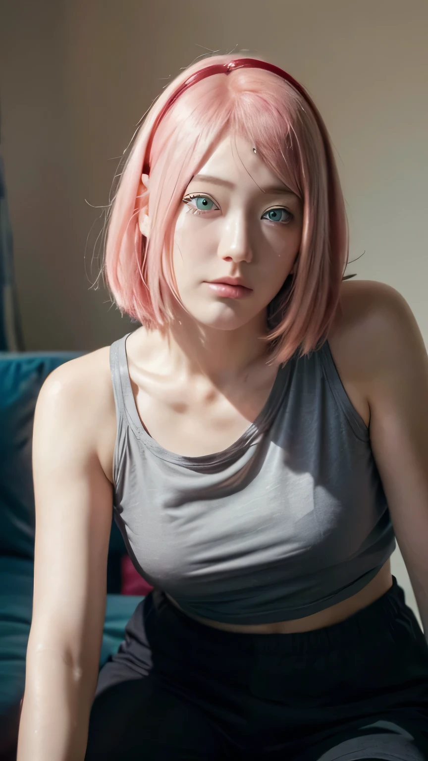 masterpiece, ,(solo:1.1), perfect face, (bright lighting:1.2),beautiful detailed eyes, extremely detailed face, perfect lighting,masterpiece, best quality, 1girl,haruno sakura, eyes blinking sideways, sexy pose, black short pants, black tanktop