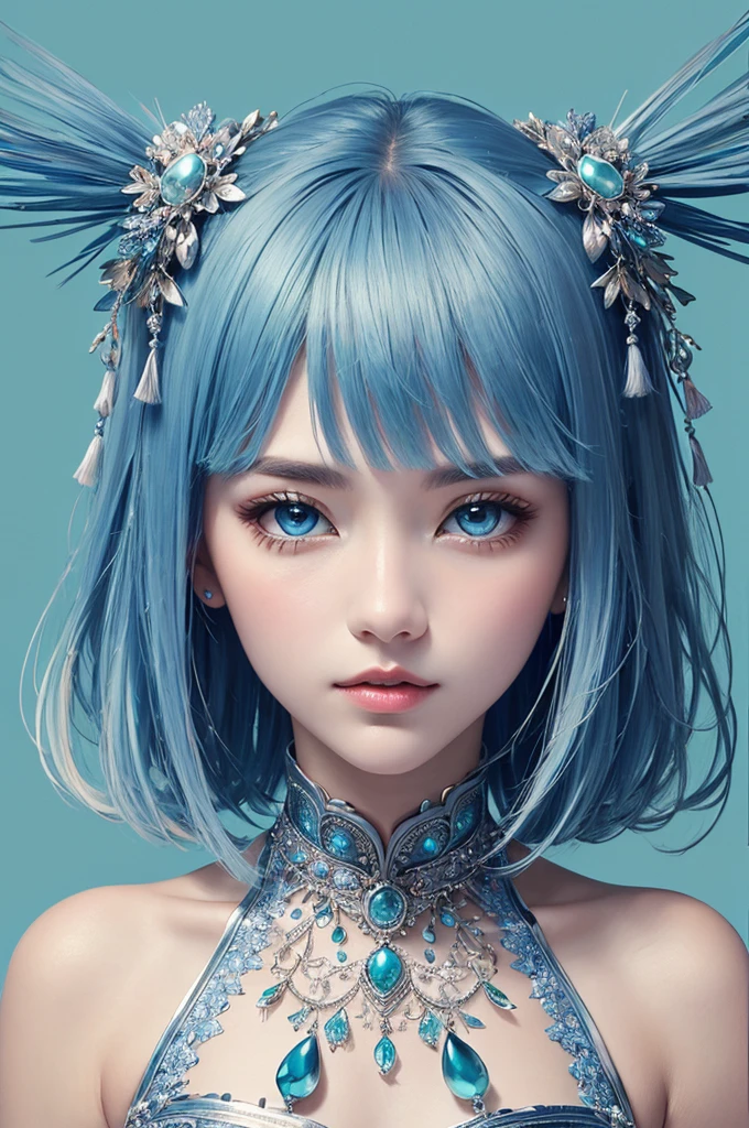 (chef-d&#39;œuvre、la plus haute qualité、la plus haute qualité、art officiel、esthétique:1.2)、(1 fille:1.3)、(art fractal:1.3)、Beaux yeux bleu aqua、belle peau、Cheveux mi-longs avec pompons argentés、détaillé ultra précis