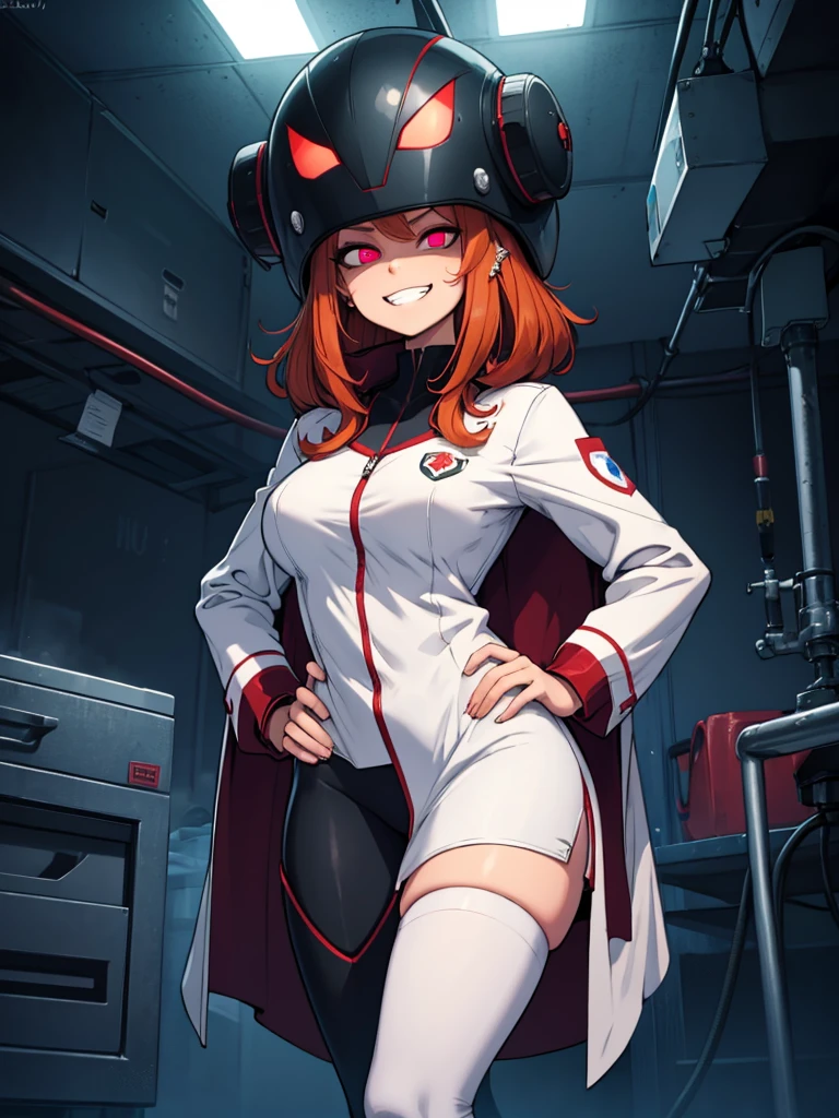 Sfw, mind control Sam by spider helmet robot, ginger hair, 'I have Sam's body', successfully possessed Sam, Glowing red piercing eyes, pervy evil grin, 'this is my body now', hahahaha, satisfying looks, venus body, , wearing white laboratory coat with green spy suit underneath, hands on hip, spider helmet