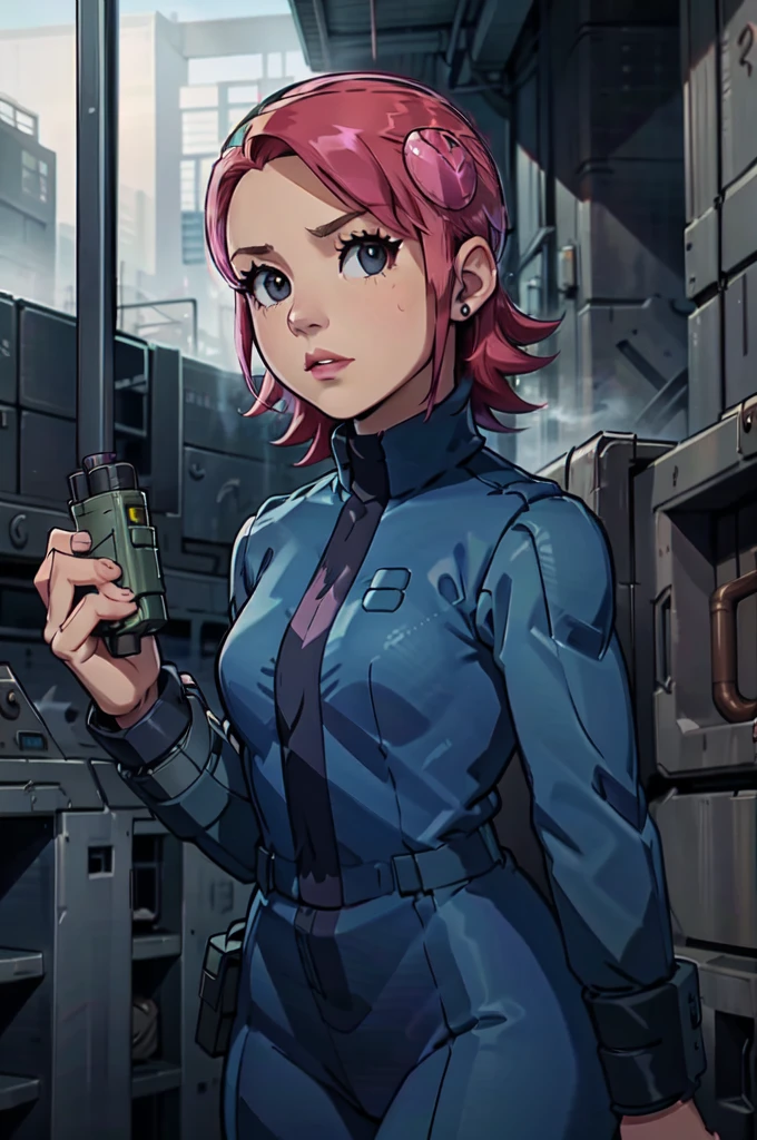 Mayl Sakurai reimagined as a vault dweller, doing maintenance in an underground vault. Her vibrant pink hair stands out against the dimly lit environment. She is a 26-year-old woman dressed in a vault dweller jumpsuit, indicative of her role in the post-apocalyptic world. The jumpsuit is worn but still functional, reflecting the harsh conditions of life underground. Her face is beautifully detailed, with expressive eyes that convey determination and intelligence. Her lips are also well-defined, adding to her overall allure.

In the vault, Mayl Sakurai is seen operating a pipboy, a wrist-worn device that serves as an essential tool and information hub for survival in the vault. The pipboy's screen emits a soft glow, illuminating Mayl's face and casting a subtle green hue on the surroundings. The details on the pipboy, from its buttons to its display, are extremely detailed, showcasing its futuristic design.

The underground vault is filled with mechanical equipment and pipes, emphasizing the importance of maintenance in this post-apocalyptic world. The atmosphere is gritty and industrial, with a hint of mystery and danger. The lighting is dim and has a hint of blue tones, enhancing the underground ambiance.

Despite the grim surroundings, Mayl Sakurai exudes confidence and strength as she jumps into action, ready to fulfill her duties as a vault dweller. Her posture and expression suggest that she is prepared to face any challenge that comes her way.

The image quality should be at its best, with 4K resolution and ultra-detailed rendering, capturing every intricate detail of the scene. The colors should be vivid, emphasizing the contrast between Mayl's vibrant pink hair and the dimly lit environment. The overall style should lean towards a post-apocalyptic concept art aesthetic, blending realism with a touch of fantasy.

In summary, the Stable Diffusion prompt for the provided theme would be:
Mayl Sakurai reimagined as a vault dweller, doing maintenance in an undergr