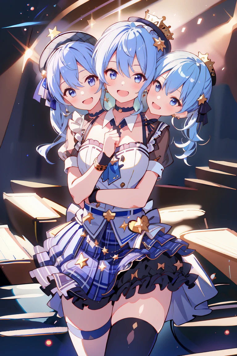 (masterpiece, best quality), best resolution, 16k, (3heads:1.5), dynamic angle, 1girl, HoshimachiSuisei, side ponytail, blue hair ribbon, SuiseiBase, plaid beret, crown, blue star choker, star earrings, blue ascot, plaid jacket, plaid skirt, layered skirt, partially fingerless gloves, star bracelet, uneven legwear, thigh strap, standing, cheek to cheek, (own hands together, own hands clasped), smile, open mouth, singing, look at viewer, happy, stable, concert stage, starfield, spotlight