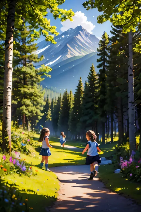 Mountain path, fir trees, birch trees, children playing, flowers, butterflies, flying birds, landscape, birds chirping, sunlight...