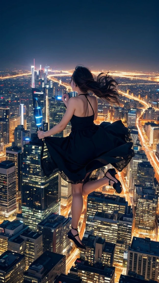 (Very detailed, masterpiece:1.2), Very detailedアートワーク, highest quality, High resolution, Surreal:1.37, Attractive girl, Holding a rifle in your hand, (A breathtaking leap), Cityscape in the background, Realistic lighting, Vibrant colors, Elegant Dresses, Flowing Hair, Graceful posture, Captivating look, Captivating eyes, Delicate facial features, Dynamic Movement, Busy Street, Towering Skyscrapers, Traffic jam, Glowing neon signs, Vibrant city life, Breathtaking urban scenery, Intricate architectural details, Vibrant city lights, Bustling city atmosphere, Busy Street, Modern cityscape, Urban Energy, BREAK, shot from below, 