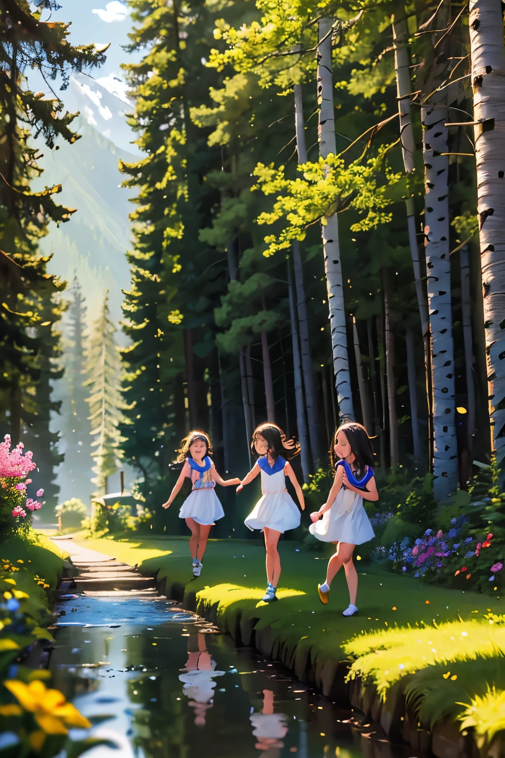 Mountain path, fir trees, birch trees, children playing, flowers, butterflies, flying birds, landscape, birds chirping, sunlight filtering through the trees, soft breeze, lush green foliage, sparkling water reflections, vibrant wildflowers, joyful laughter, carefree children's expressions, dynamic brushstrokes, mountain, harmonious composition.