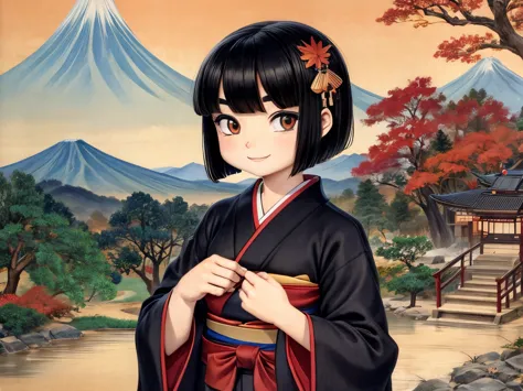 japanese countryside,blue sky,autumn leaves,autumn leaves,bobcut,black hair,dark eyes,11 years old,boyish,thick eyebrows.japanes...