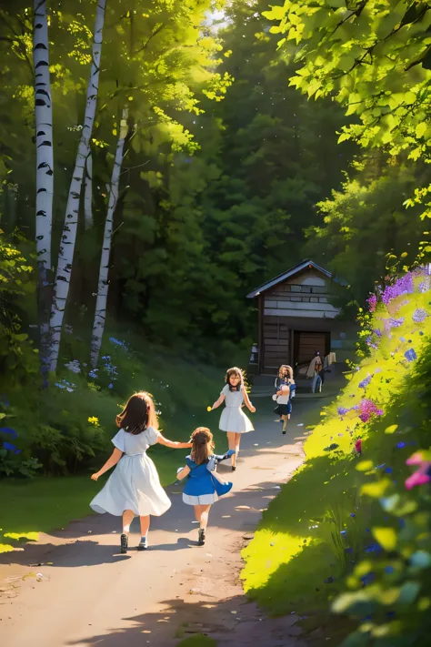 Mountain path, fir trees, birch trees, children playing, flowers, butterflies, flying birds, landscape, birds chirping, sunlight...