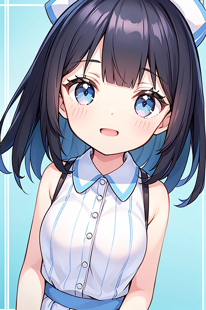 1girl, solo, cute, shoulder-length black hair, matching bangs, rainbow stripes in the hair, colorful saturated stripes in the hair, saturated stripes in the hair, light blue stripes, light blue eyes, light blue nurse uniform, nurse hat , smiling expression, breasts not big