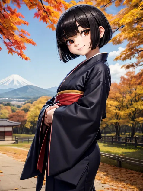 japanese countryside,blue sky,autumn leaves,autumn leaves,bobcut,black hair,dark eyes,11 years old,boyish,thick eyebrows.japanes...