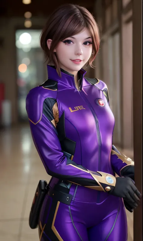 meggii2023, 1 girl, uhd, best quality, purple suit, masterpiece, photorealistic, brown hair, raw image, wearing purple ironman s...