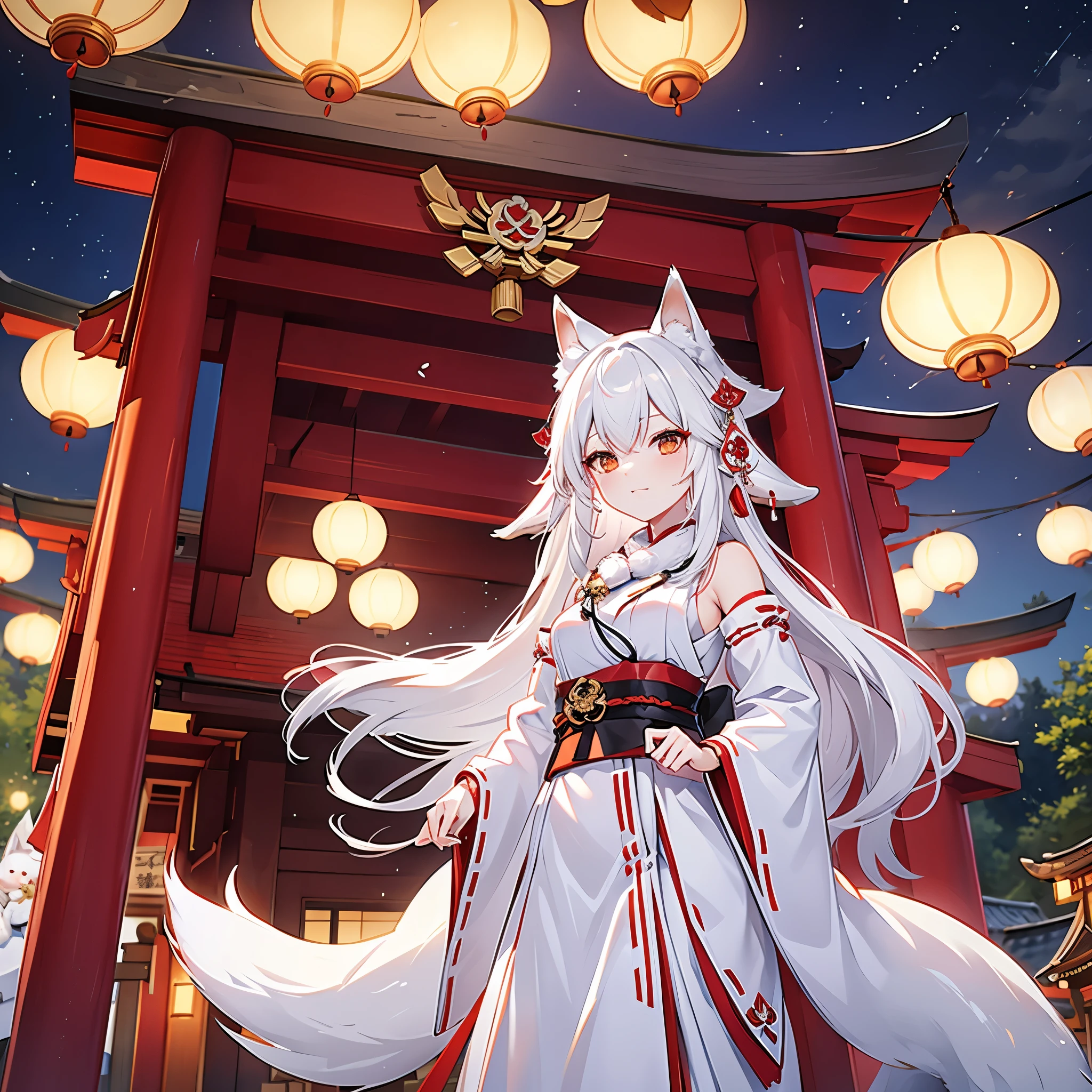 fox 乙女, 神社, 乙女, 白い色の毛皮, 巫女服, キツネの耳, 夜, 提灯, 白い髪の色, 