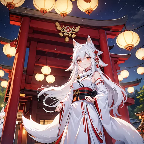 fox maiden, shrine, maiden, white color fur, miko clothing, fox ears, night, lanterns, white hair color, 16 years old