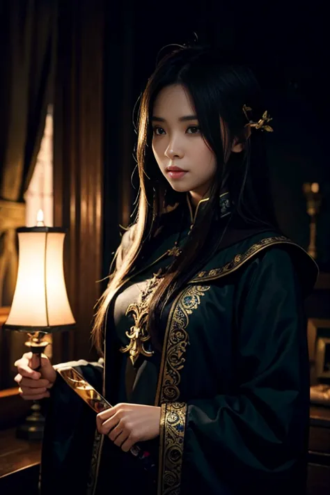 [holding a sword、beautiful woman looking this way], [magic knight|elf] and [night woman|priest], mysterious dark background,