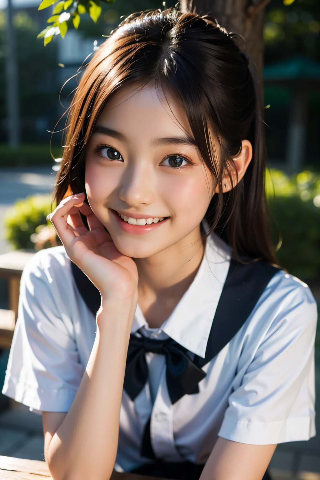 lente: 135 mm f1.8, (de la máxima calidad),(Fotos CRUDAS), (Mesa:1.1), (Hermosa chica japonesa de 17 años.), Cara linda, (Cara profundamente cincelada:0.7), (pecas:0.4), dappled luz de sol, iluminación dramática, (uniforme escolar japonés), (en el campus), tímido, (fotografía de cerca:1.2), (sonrisa),, (ojos chispeantes)、(luz de sol), Beto