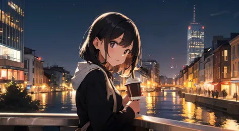 Girl drinking coffee at café with night view of city、One coffee