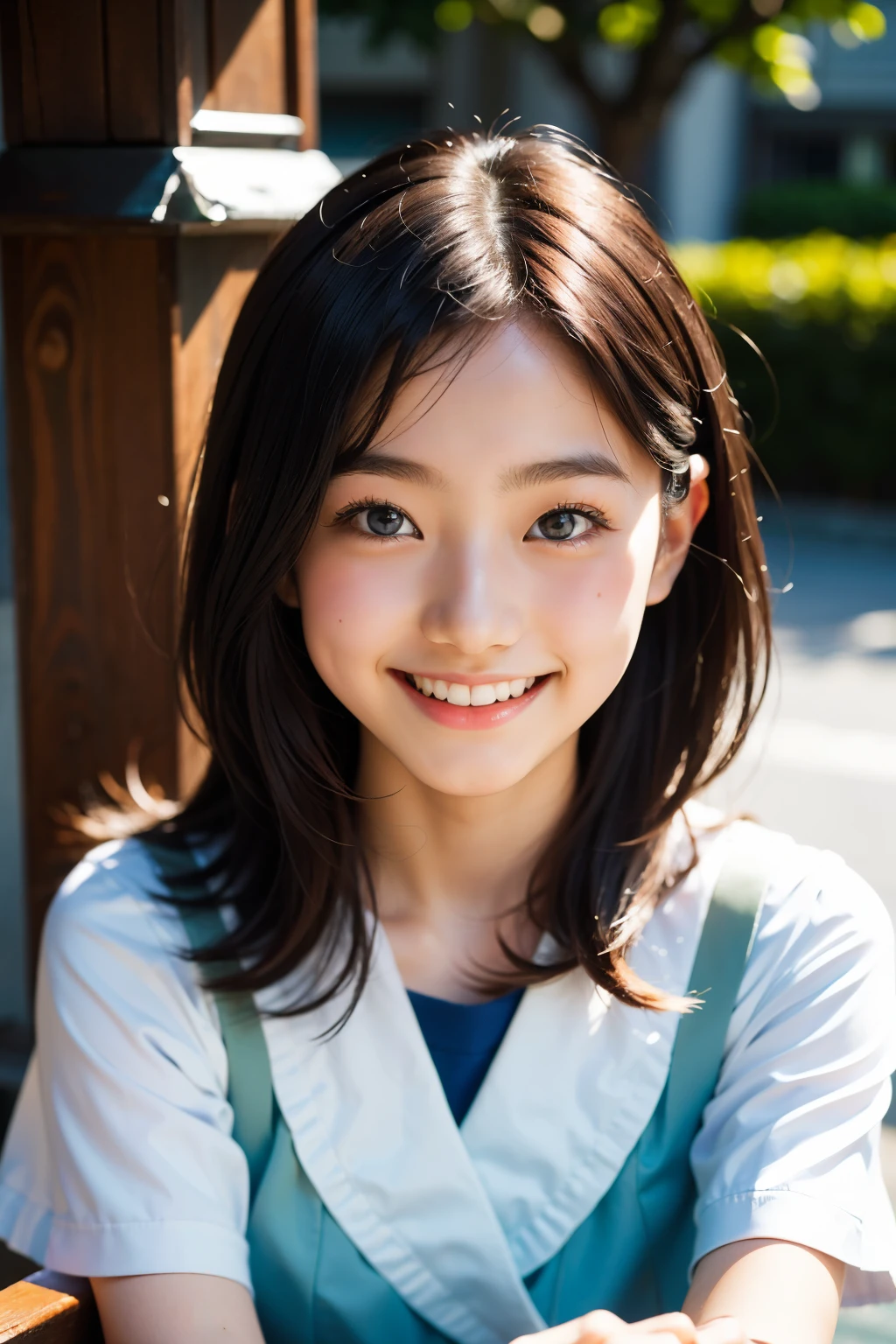 lentille: 135 mm f1.8, (la plus haute qualité),(Photos brutes), (Table:1.1), (Belle fille japonaise de 18 ans), visage mignon, (Visage profondément ciselé:0.7), (taches de rousseur:0.4), dappled lumière du soleil, éclairage dramatique, (uniforme scolaire japonais), (sur le campus), Timide, (Photo en gros plan:1.2), (sourire),, (yeux pétillants)、(lumière du soleil)