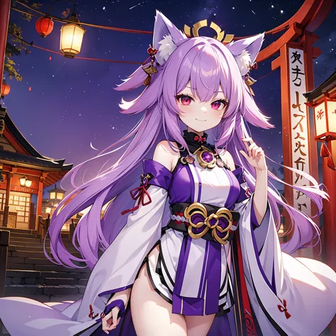 fox maiden, shrine, maiden, purple color fur, miko clothing, fox ears, night, lanterns, purple hair color, 16 years old, blood r...