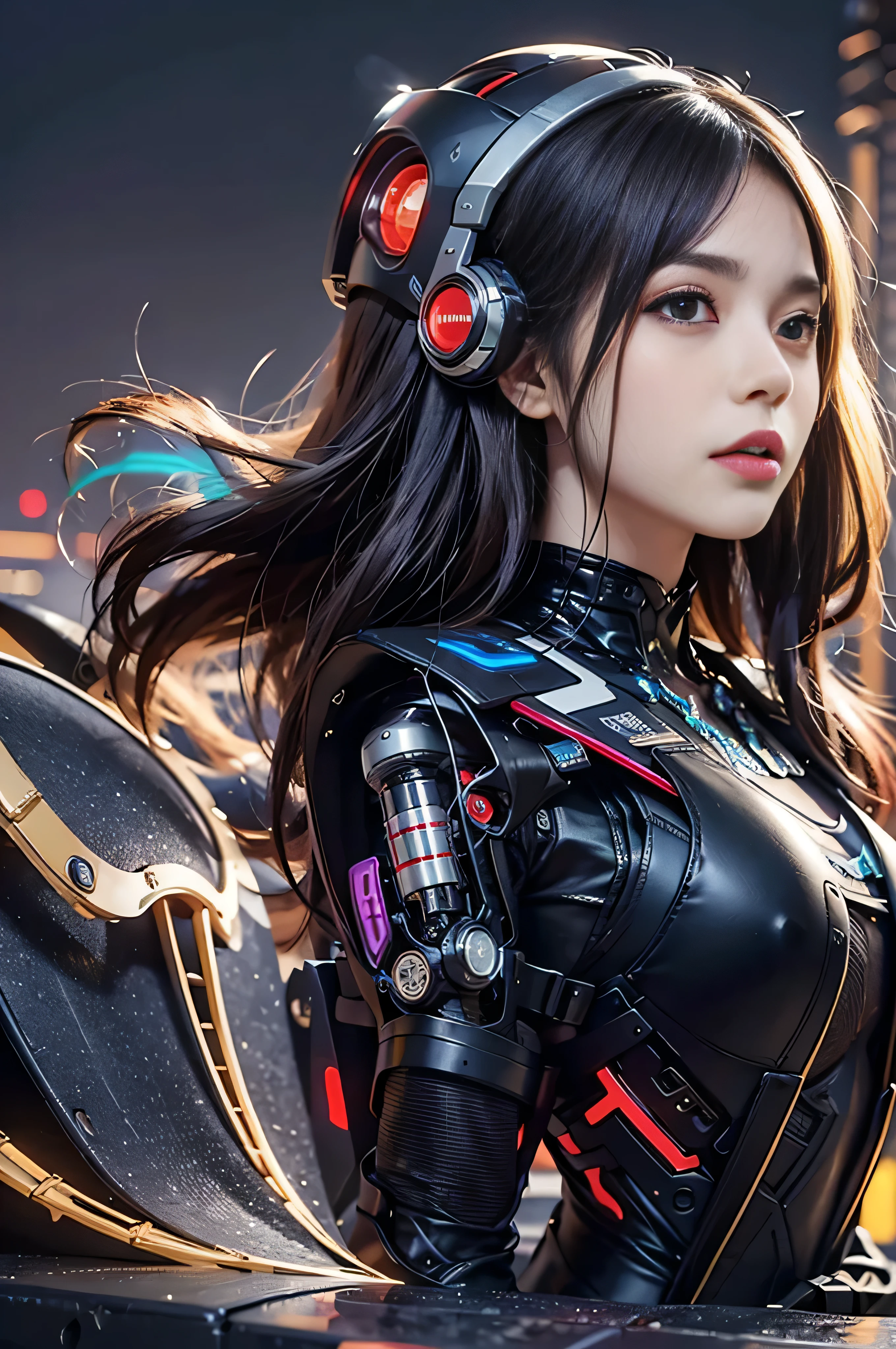 (RAW quality:1.4), masterpiece, highest quality, High resolution, dark_Fantasy, cyber punk, (Sword Weapons,red:1.1),1 person, Japanese women, 14 years old, mechanical,Robotic presence,Cybernetic Guardian, darkness, Night city background, at night, cyber punk mecha humanoid black and red  is riding  a futuristic Ducati Panigale V4 race motorcycle on a mountain road at night, Realistic Style, Inspired by Blade Runner, Dark and dramatic lighting, Red and Black Theme, Central curve composition, Rear view. (An ultra-fine masterpiece:1.5), (beautifuly intricate:1.5), (highest quality:1.5), (beautiful + beautiful + Harmonious:1.5), (Highly detailed face, Ultra-detailed eyes, Highly detailed mouth, Super-detailed body, Very fine needles, Very elaborate clothing, Ultra-detailed landscapes:1.5), (Sharpen details:1.2), Blurred Background, Shallow subject depth,