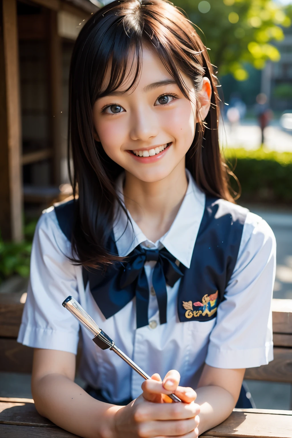 lens: 135mm f1.8, (highest quality),(RAW Photos), (Tabletop:1.1), (Beautiful 18 year old Japan girl), Cute face, (Deeply chiseled face:0.7), (freckles:0.4), dappled sunlight, Dramatic lighting, (Japanese School Uniform), (On campus), shy, (Close-up shot:1.2), (smile),, (Sparkling eyes)、(sunlight)