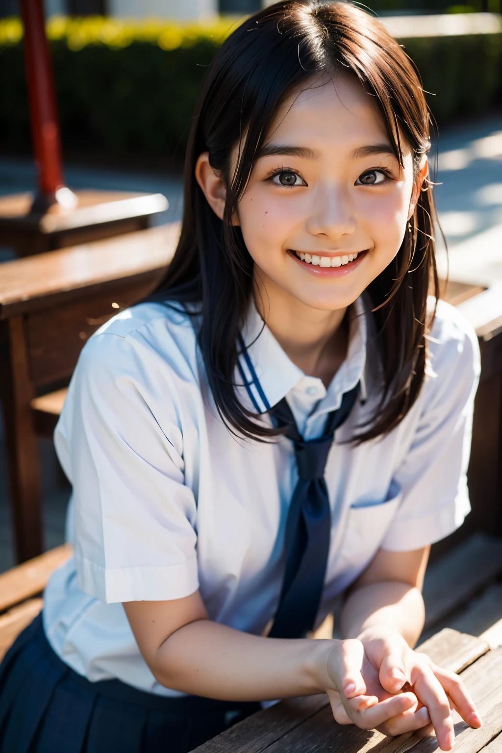 lente: 135mm f1.8, (mais alta qualidade),(Fotos RAW), (Mesa:1.1), (Linda garota japonesa de 18 anos), rosto fofo, (Rosto profundamente esculpido:0.7), (sardas:0.4), dappled luz solar, iluminação dramática, (uniforme escolar japonês), (No campus), tímido, (close-up:1.2), (Sorriso),, (olhos brilhantes)、(luz solar)