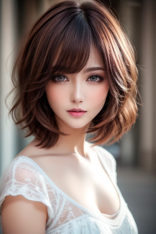 highest quality, 32k, RAW Photos, Incredibly absurd, Very detailed, A neat and cute beauty, Flowing layered short bob cut, Wearing a loose, fluffy knit dress, thin, Professional Lighting