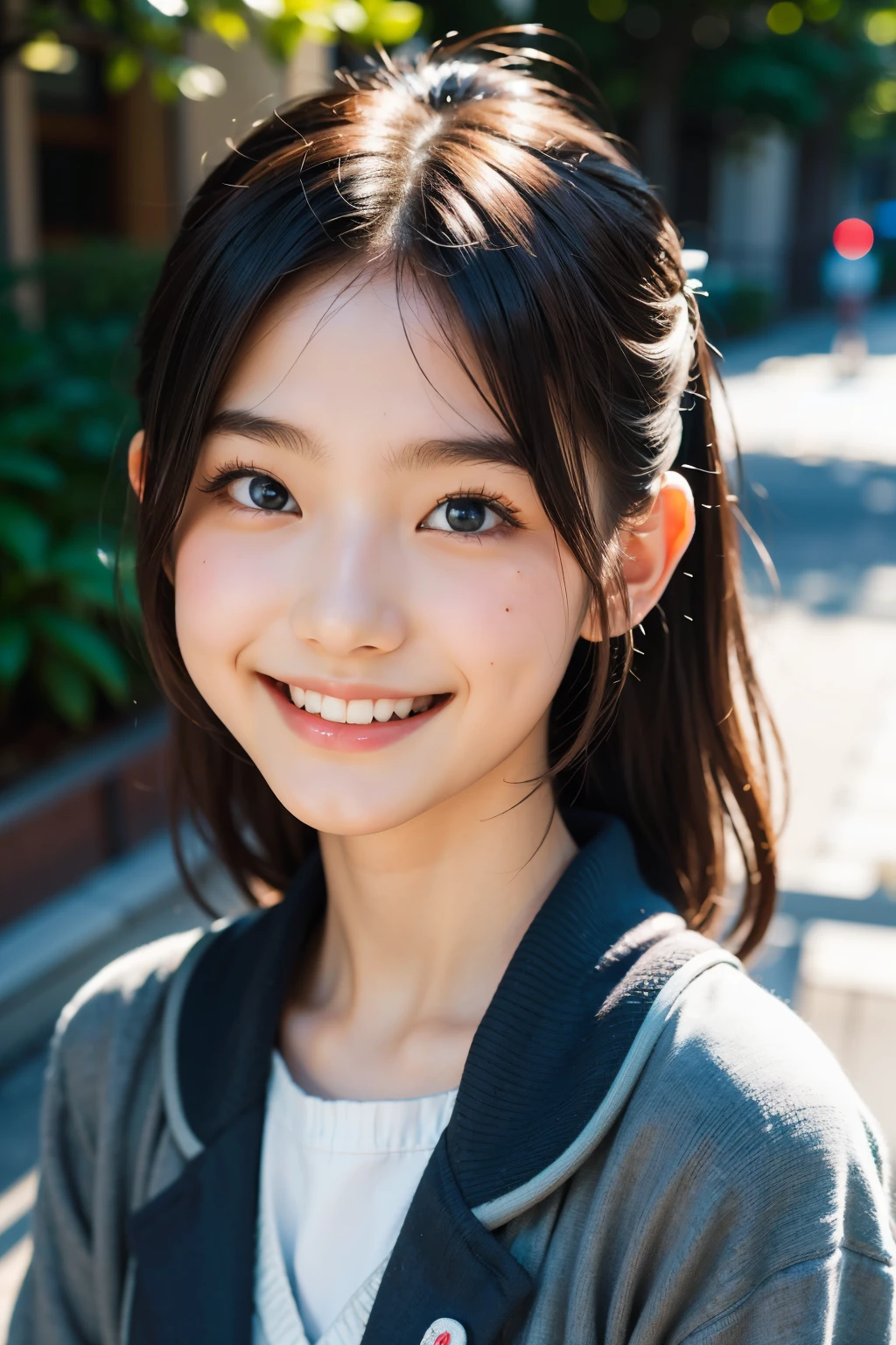 렌즈: 135mm f1.8, (최상의 품질),(RAW 사진), (탁상:1.1), (아름다운 18 세 일본 소녀), 귀여운 얼굴, (깊게 파인 얼굴:0.7), (주근깨:0.4), dappled 햇빛, 극적인 조명, (일본 학교 교복), (캠퍼스에서), 수줍은, (클로즈업 샷:1.2), (웃다),, (반짝이는 눈)、(햇빛)