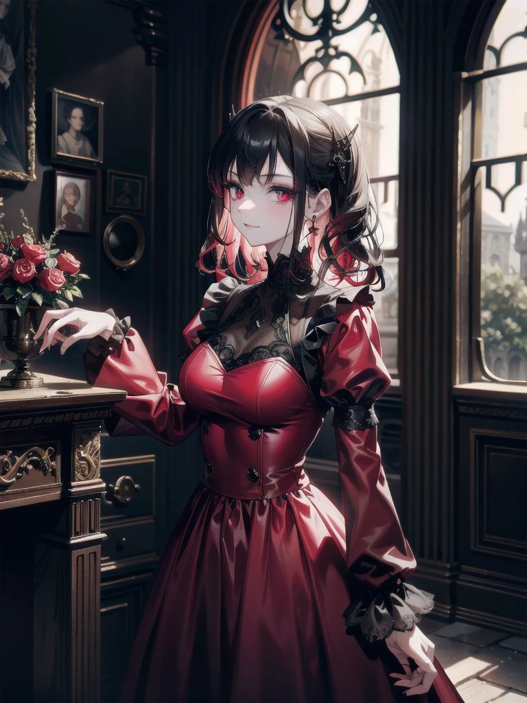 whole body, Gothic red dress, vampire, (in castle), creepy smile, absurdres, RAW photo, extremely delicate and beautiful, masterpiece, Best Quality, ultra high resolution, 32k, hyperrealistic, ultra-detailed, detailed description, pale skin, 20 years old, detailed beautiful face and eyes, tearful mole, earring, Colossal tits, short medium hair, wavy hair,　