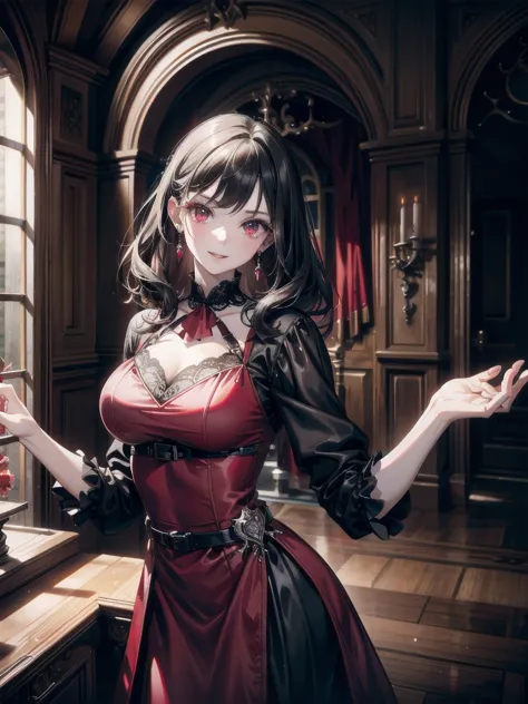 whole body, gothic red dress, vampire, (in castle), creepy smile, absurdres, raw photo, extremely delicate and beautiful, master...