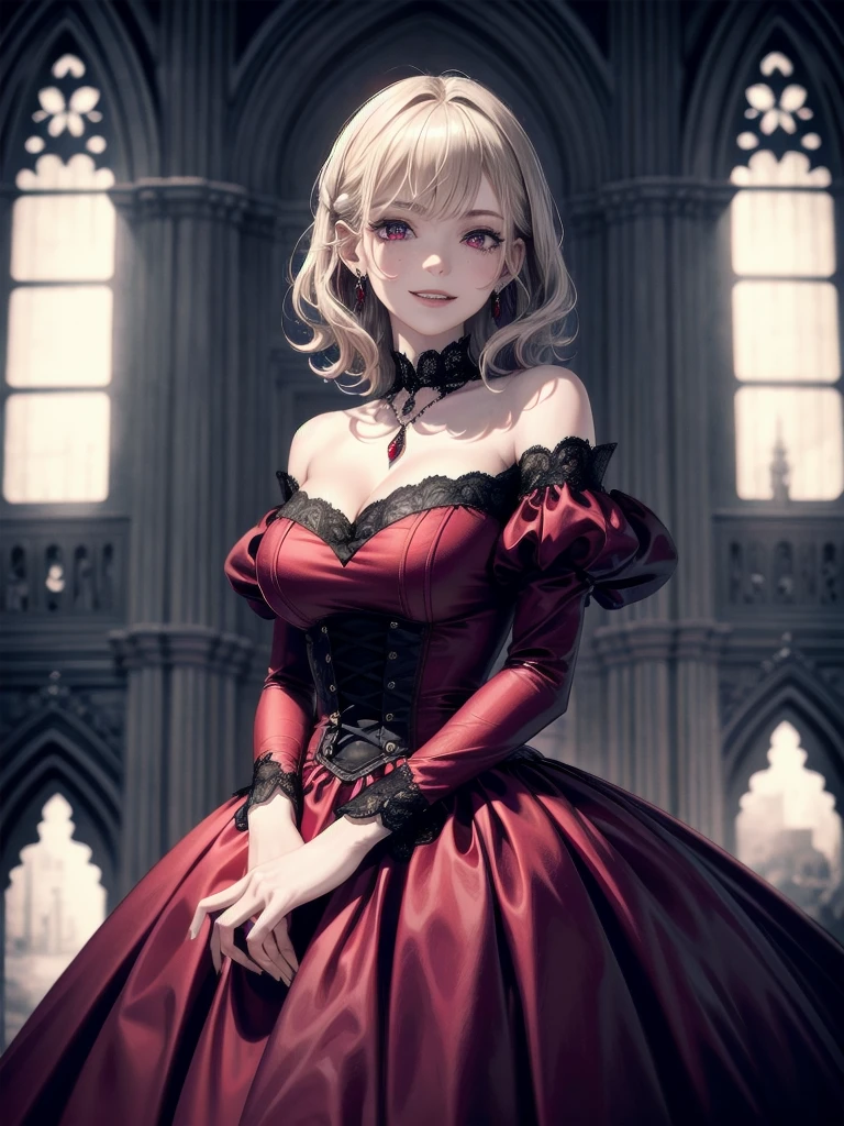 whole body, Gothic red dress, vampire, (in castle), creepy smile, absurdres, RAW photo, extremely delicate and beautiful, masterpiece, Best Quality, ultra high resolution, 32k, hyperrealistic, ultra-detailed, detailed description, pale skin, 20 years old, detailed beautiful face and eyes, tearful mole, earring, Colossal tits, short medium hair, wavy hair,　