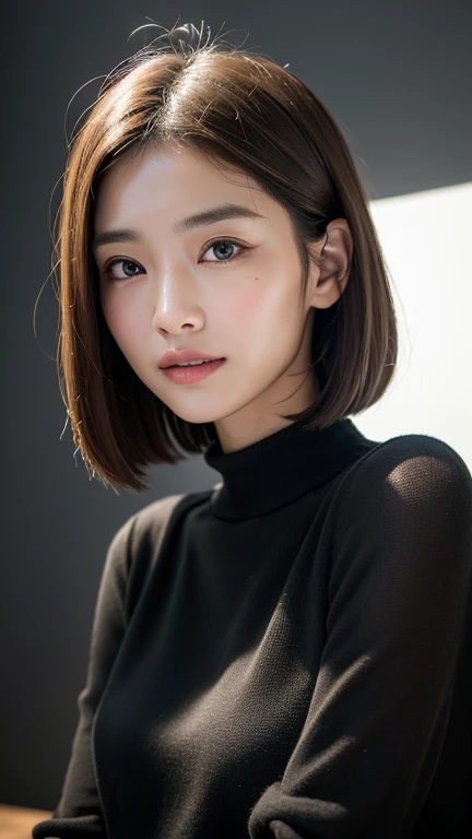 (((Close-up of face)))、(((Absolutely shoulder-length brown straight short bob)))、(((She is posing like a hair salon model, with a black wall indoors as the background.)))、(((Casual black winter long sleeves with shoulders covered)))、Half Japanese, half Korean、18 year old girl、Standing Alone、Looking forward、Light eye makeup、Brown Hair Color、Flat and 、Hair blowing in the wind、Actress Quality、Glossy, ultra-realistic face、Smiling face、Watery eyes、Gazing Up、Subtle lighting effects、 Ultra-Realistic Capture、Very detailed、High resolution 16K close up of human skin。Skin texture must be natural、The details must be such that pores can be clearly seen、The skin is healthy、Uniform tone、Use natural light and colors、A worn-out, high-quality photo taken by a model agency&#39;s in-house photographer.、smile、(((SIGMA 300 mm F/1.4,1/1000 sec shutter,ISO 400))) 